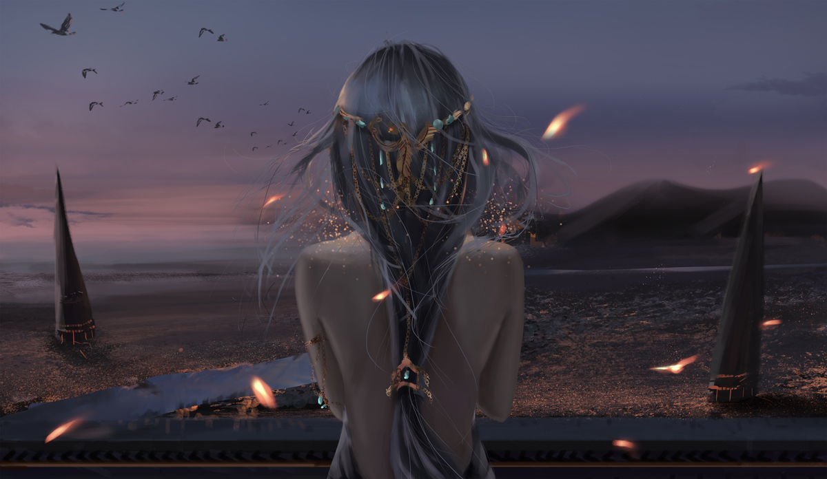 Dawn landscape woman