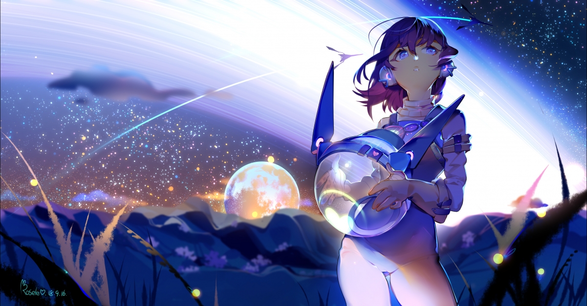Blue eyes girl night anime wall