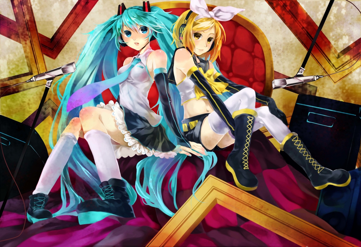 Cute sisters with headphones and microphone at the beginning