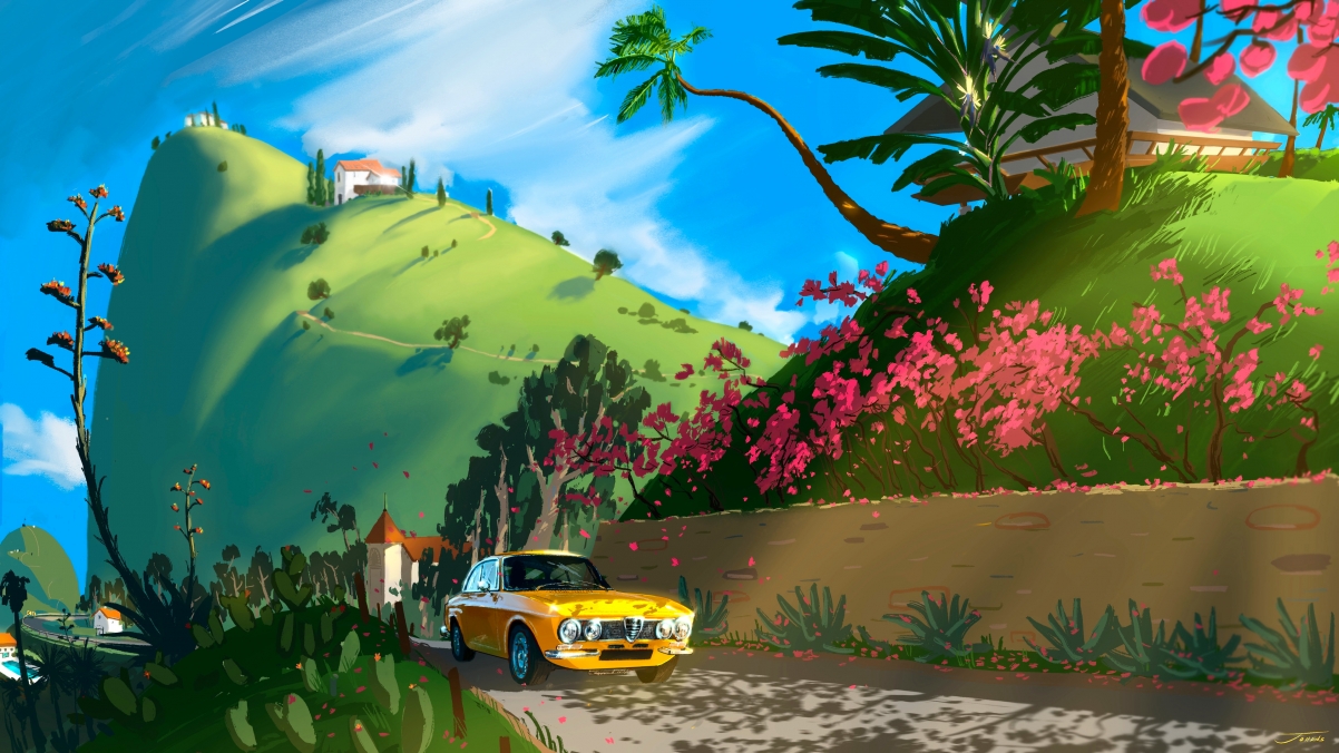Outskirts scenery car flower tree house