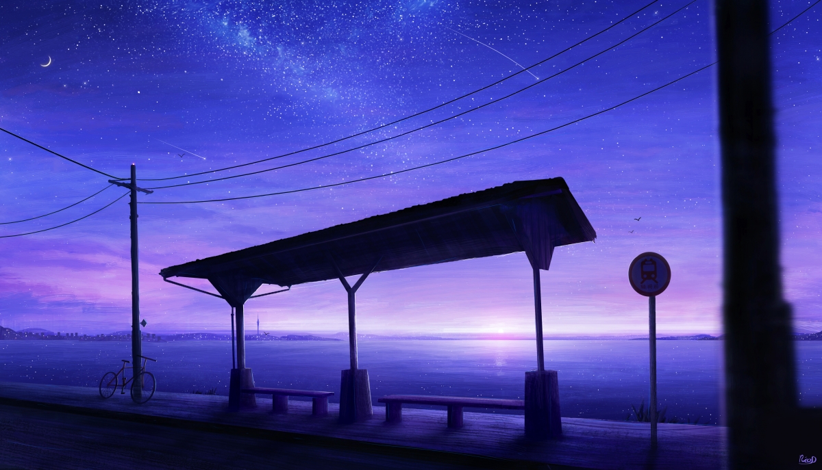 Silent platform, starry sky, night, electric wire