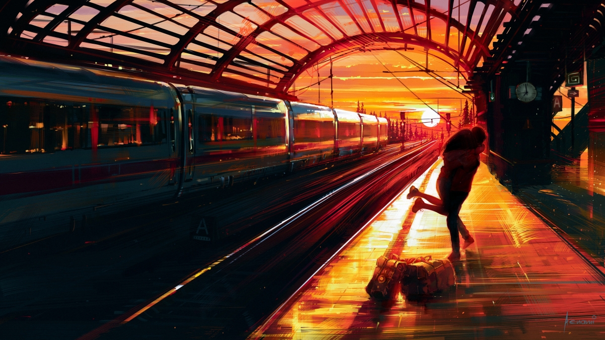 Train Station Sunset Painting Lovers Hug