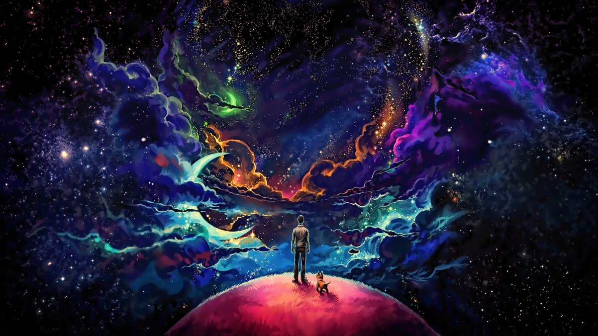 Fantasy art dark starry sky man