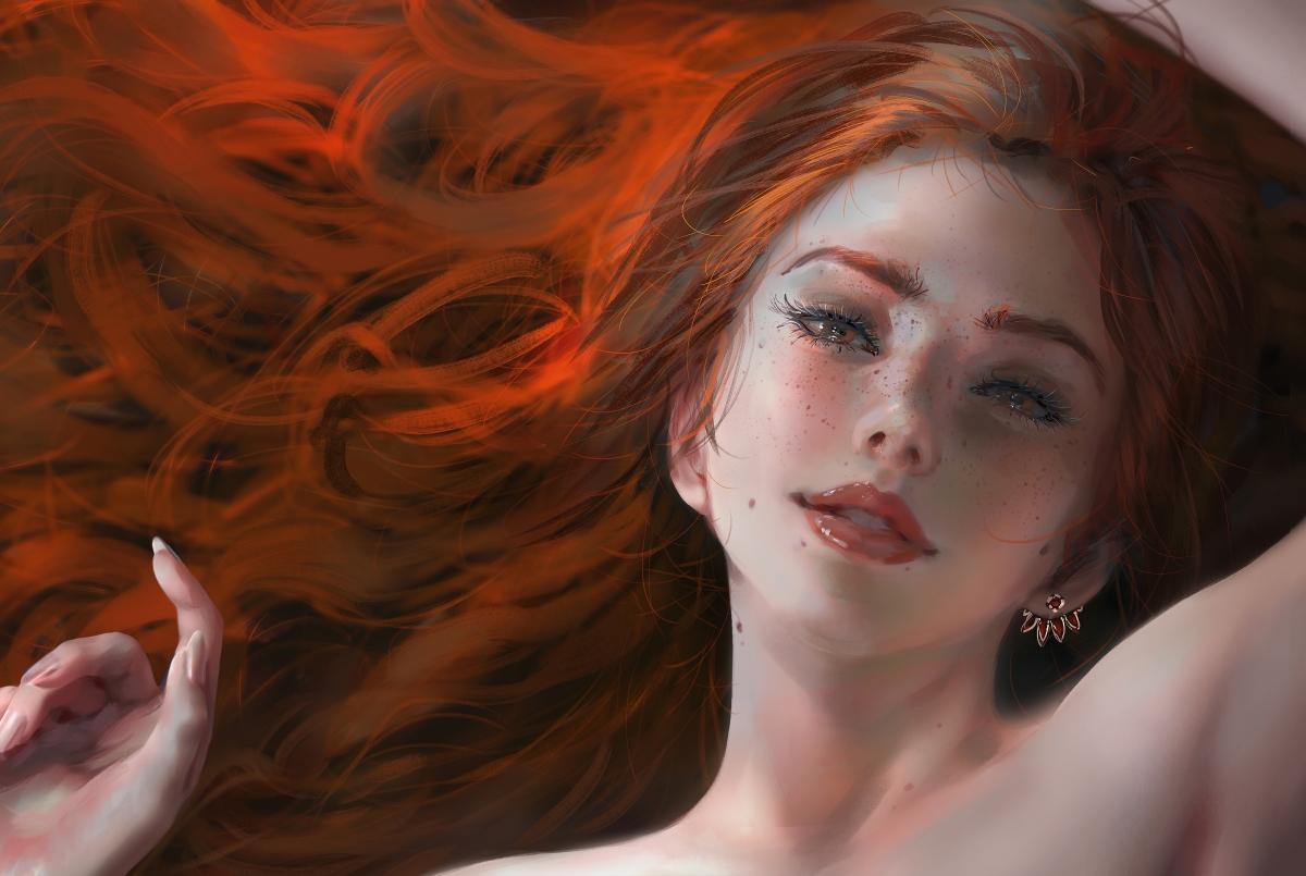 Beautiful girl with long brown hair in thick painted style