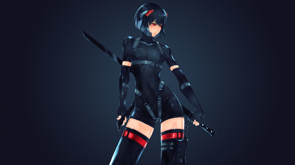 Red eyes anime beauty warrior sword
