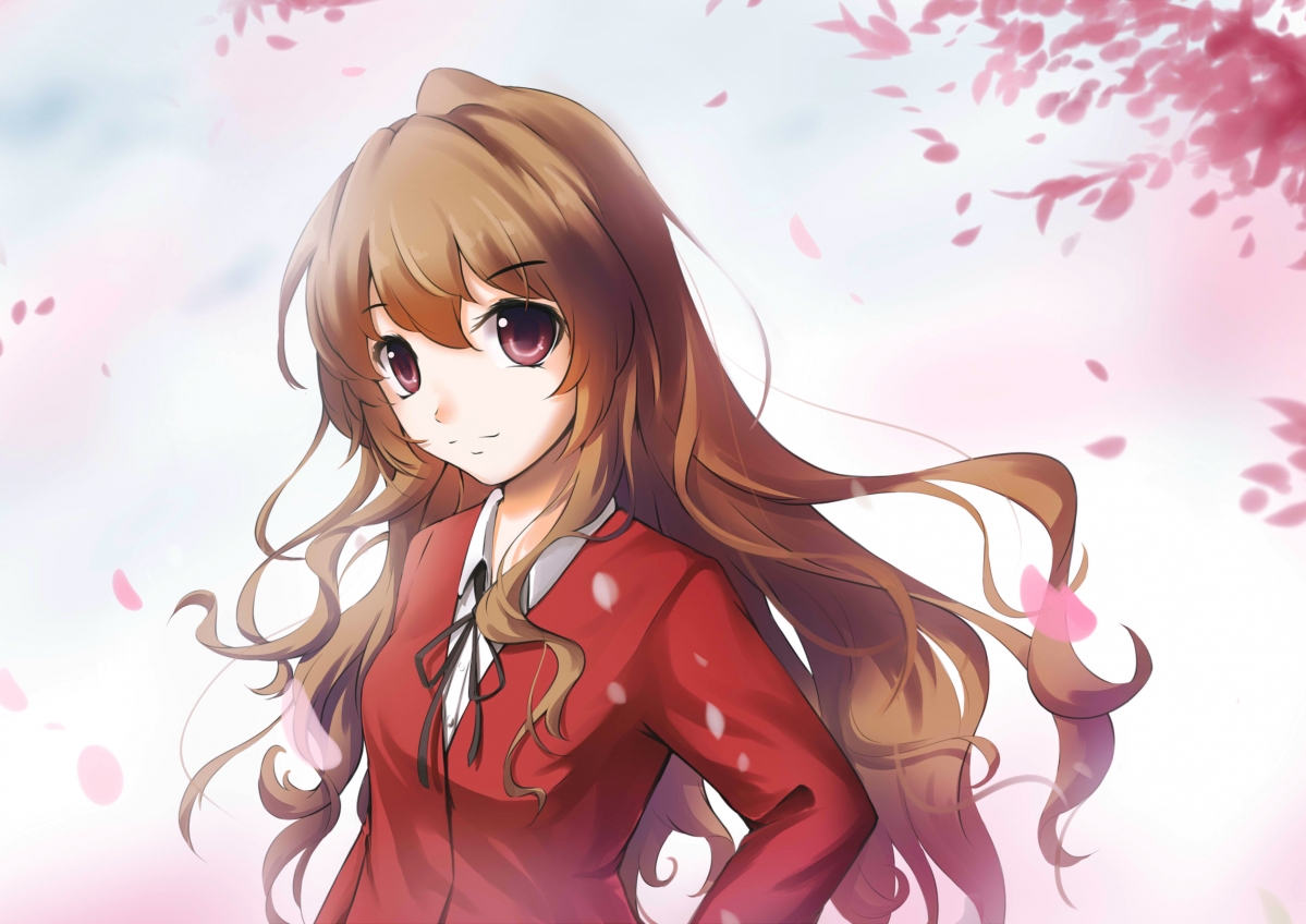 Red school uniform, girl, smile, petals
