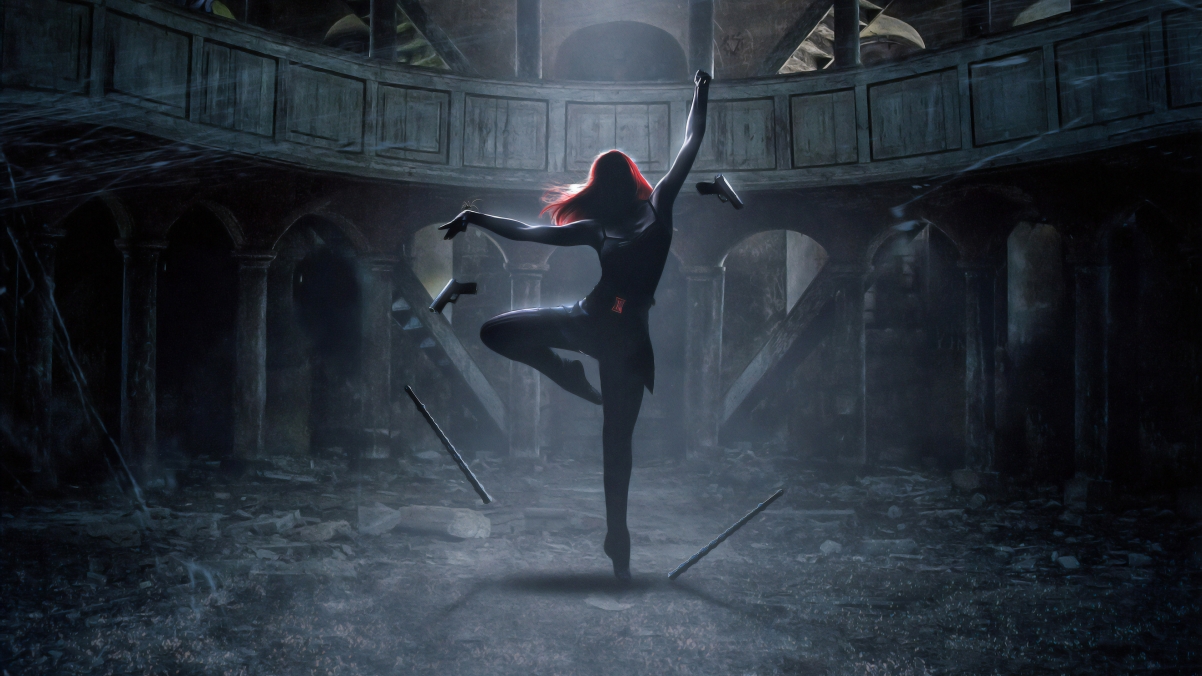 Redhead girl in black suit with one leg