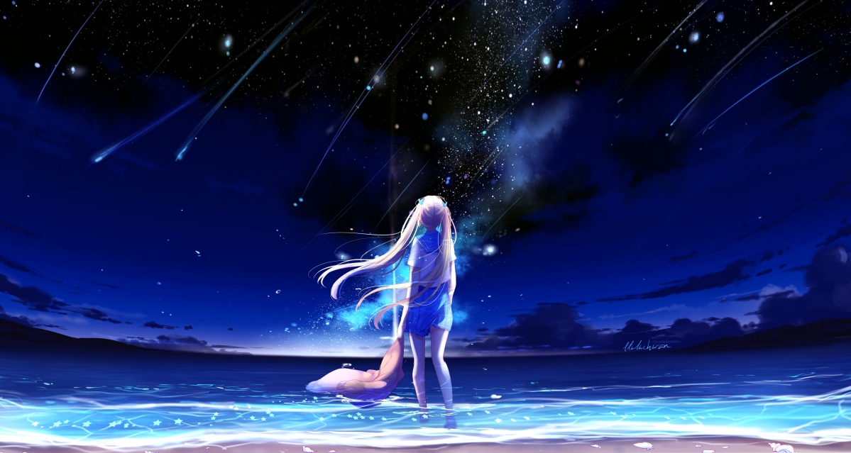 Night, sky, shooting stars, schoolgirls,