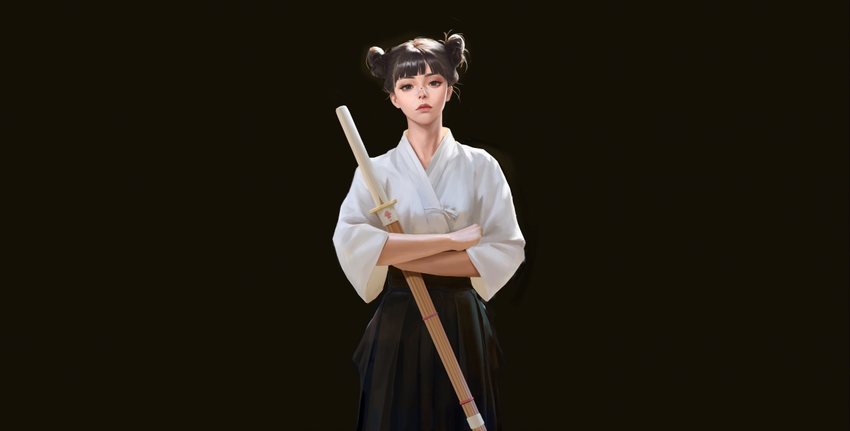 Brunette girl sword simple black