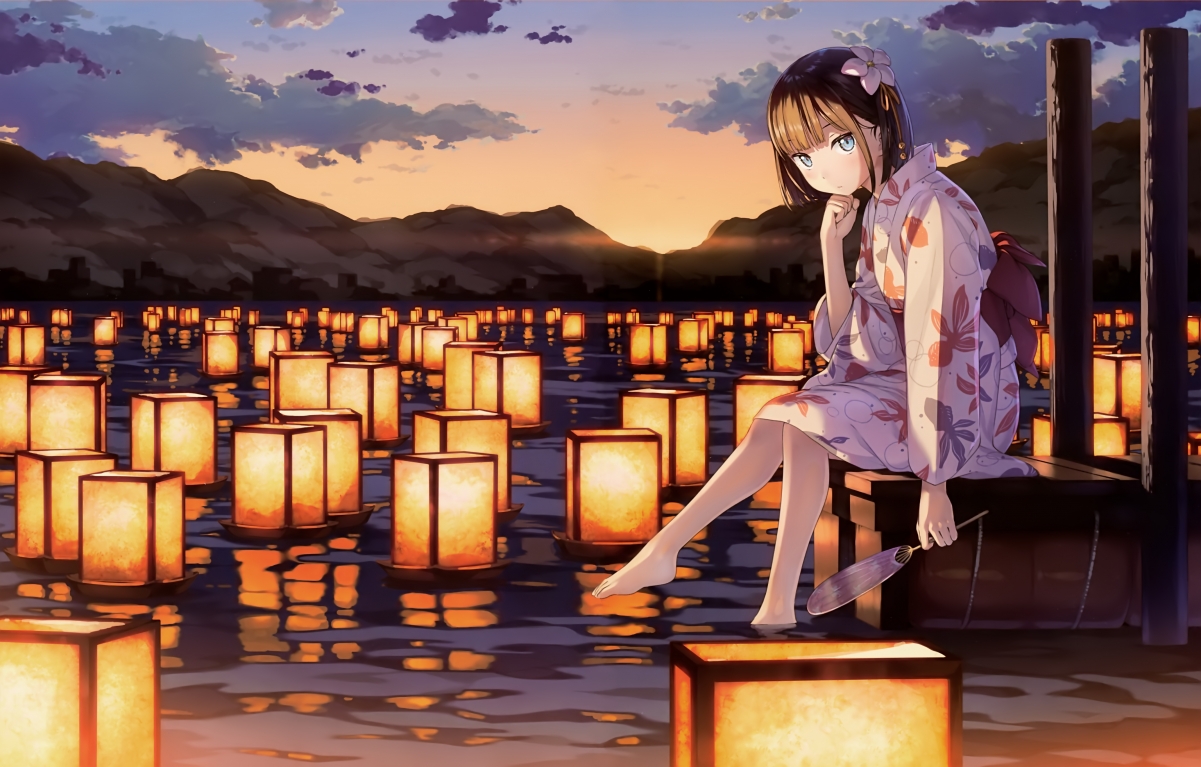 River light girl kimono yukata fan