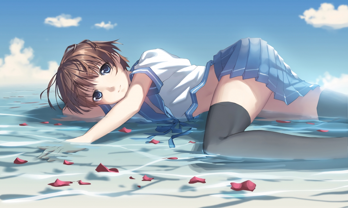 Beach sea water sailor suit anime girl