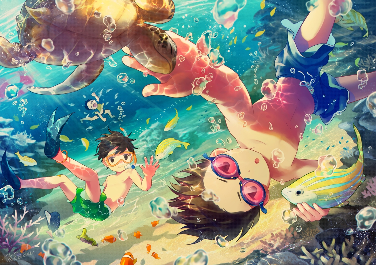 Underwater world boy fish sea turtle