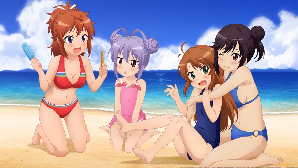 Four girls in swimsuits on the beach by the sea 4k