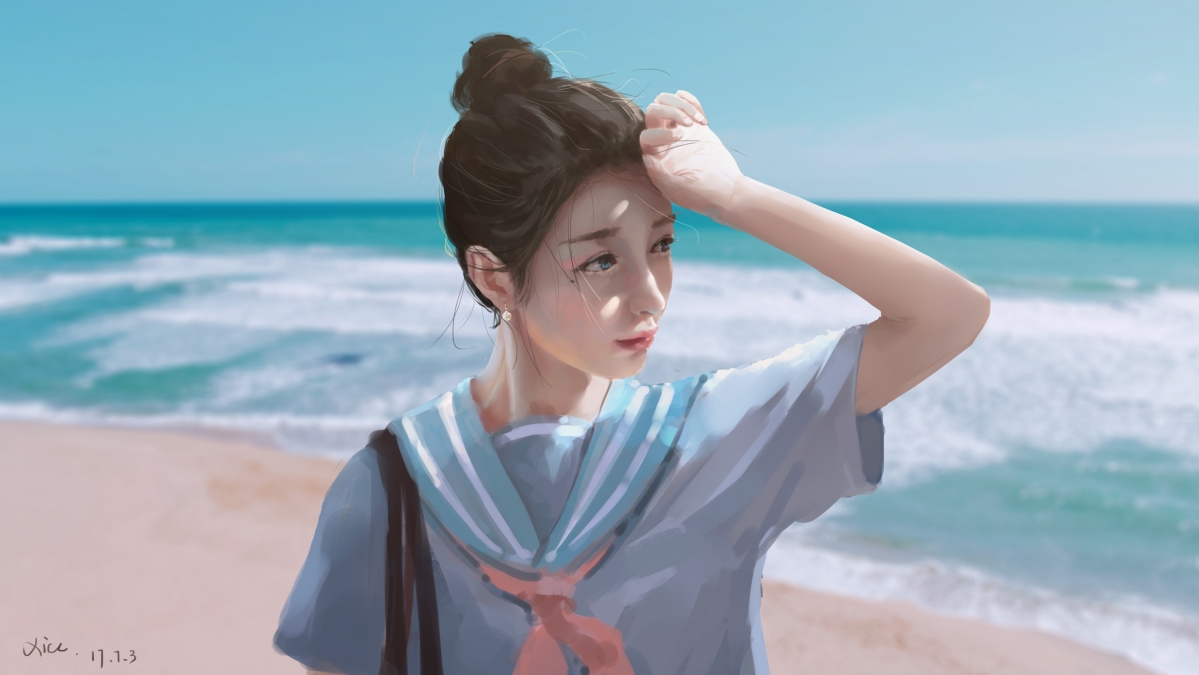 Beach girl scenery 4K anime wall