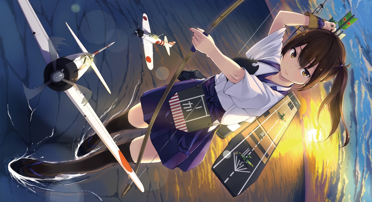 Sea, airplane, girl, bow and arrow, 7K motion