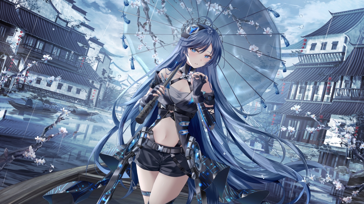 Ancient style beautiful girl with umbrella long hair female