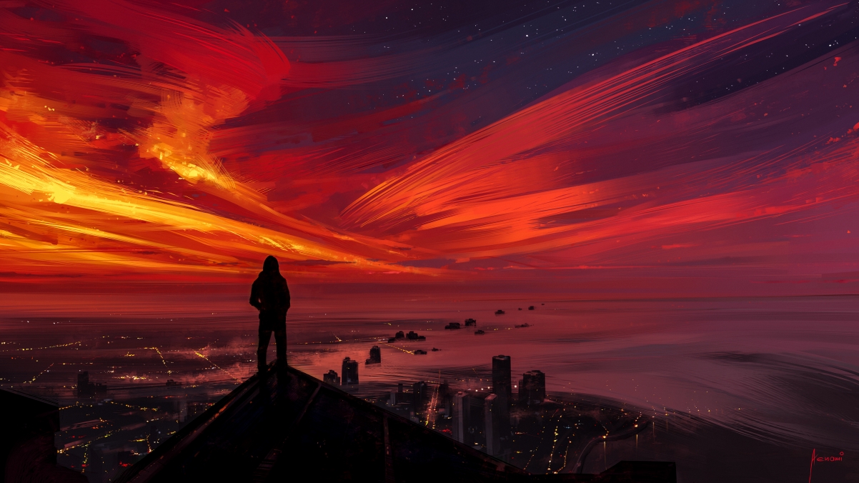 Scenery alone man stormy city