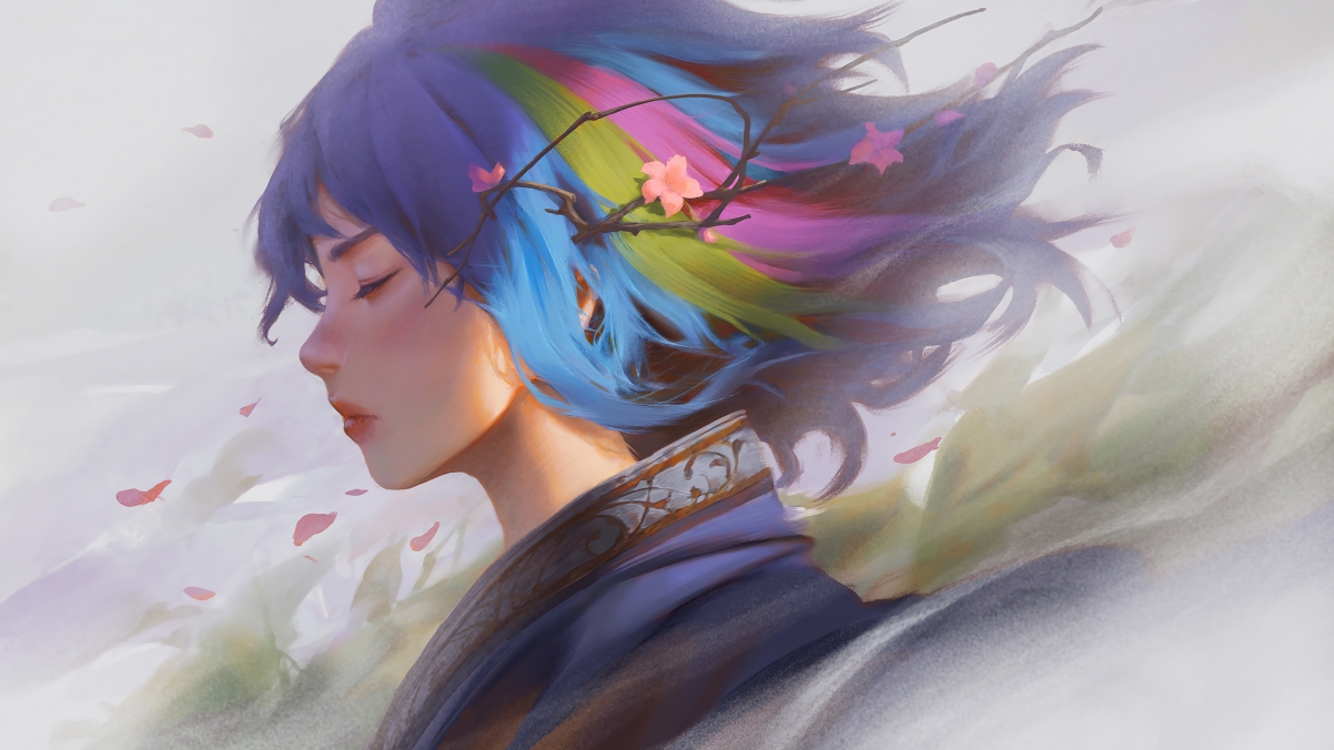 Wind girl closes eyes in kimono