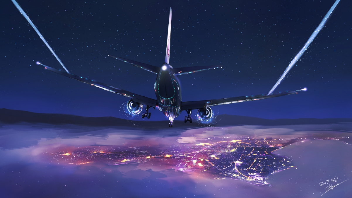 Airplane night flight 4k anime wallpaper