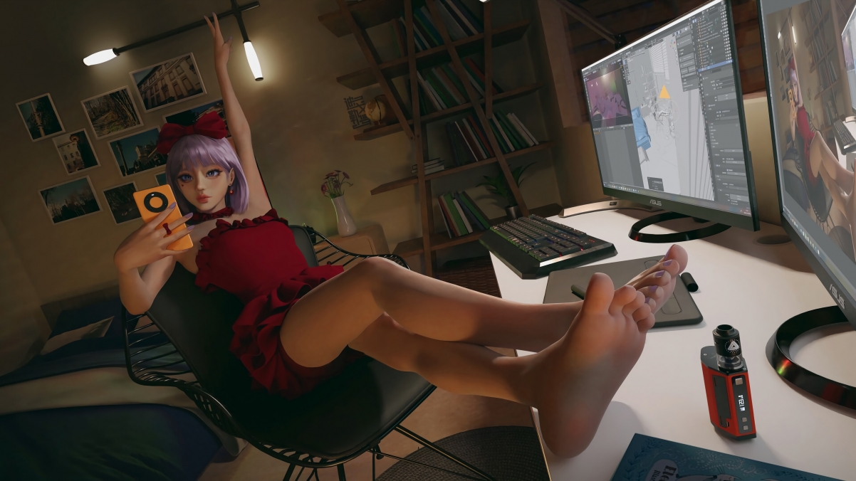 Room computer desk and chair wear red dress