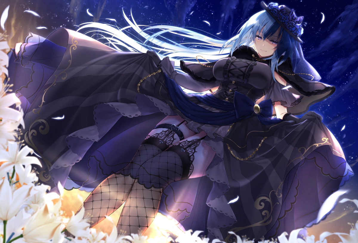 Anime starry beauty in black dress