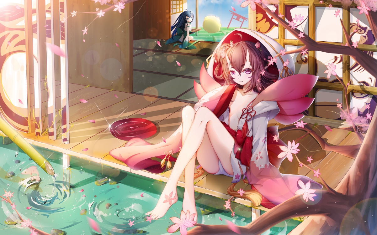 Anime girl, water, petals, beautiful 4