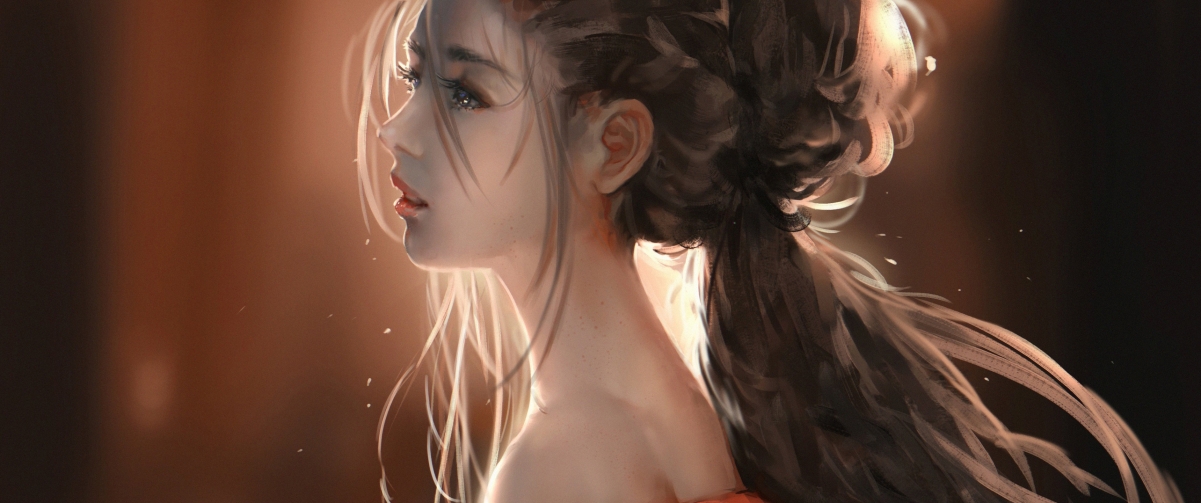 Anime girl with black hair and bare shoulders