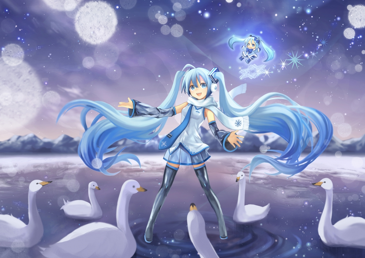 Winter, snowflakes, lake, swan, girl