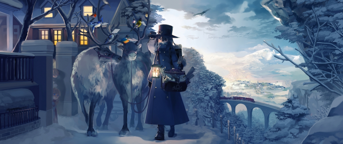 Winter, house, girl, deer, birds