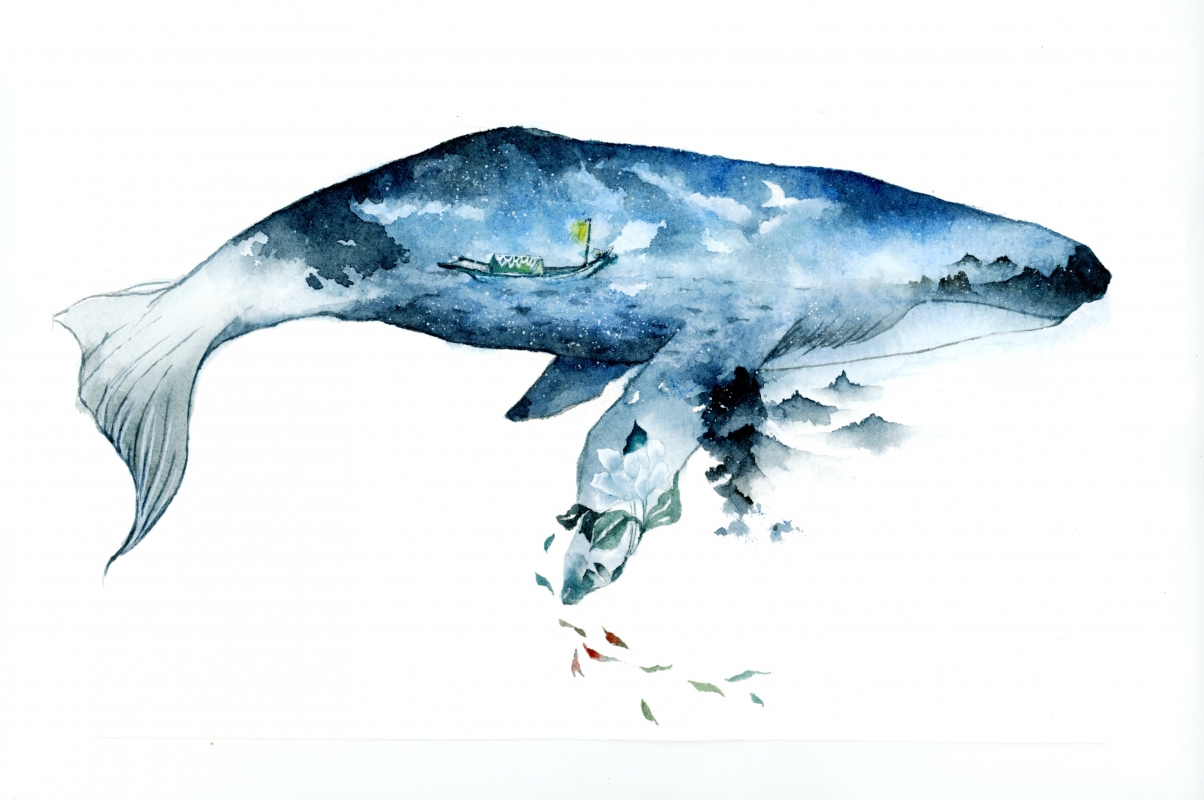 Big fish boat sea cartoon illustration landscape