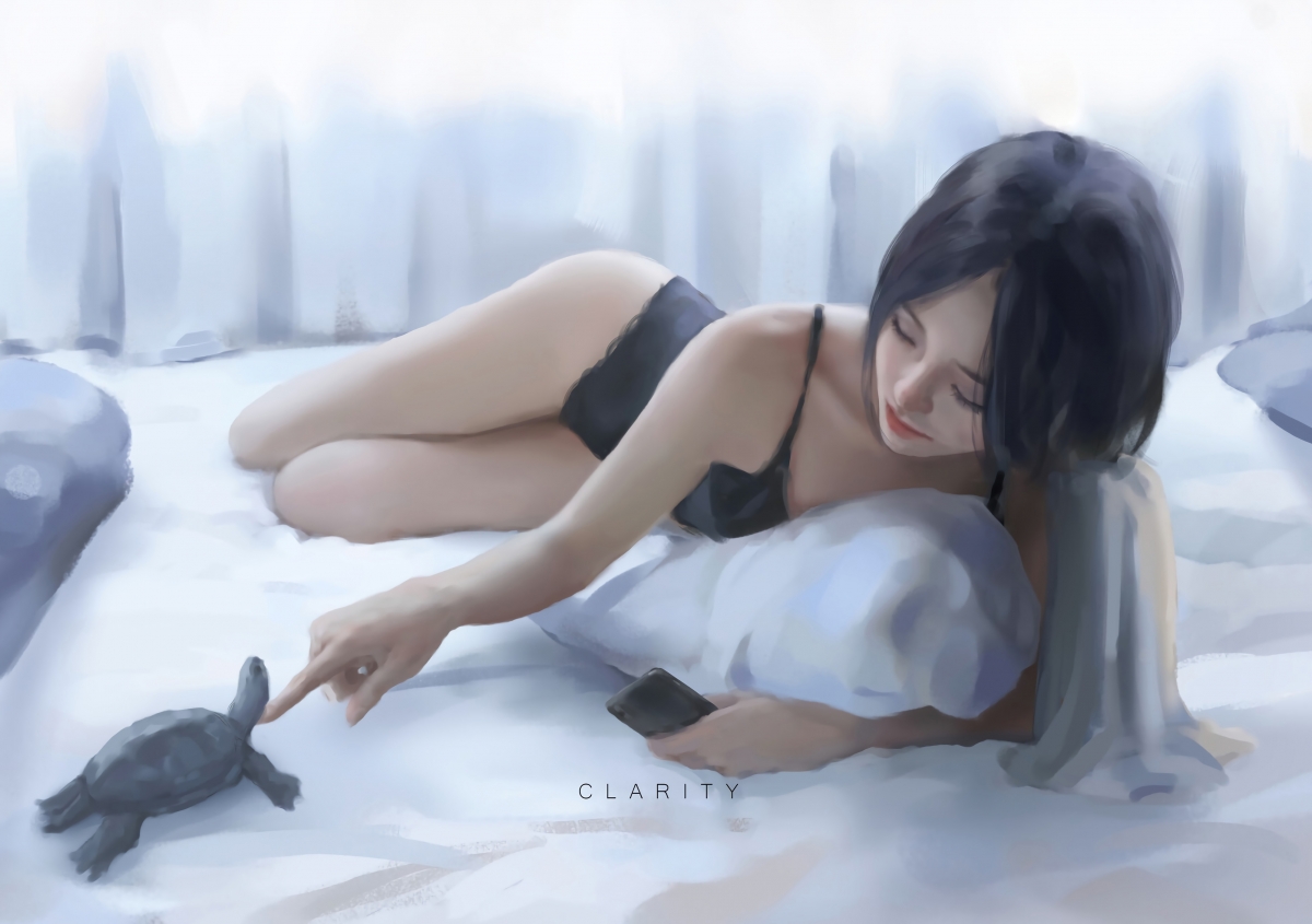 Bed girl black pajamas little turtle