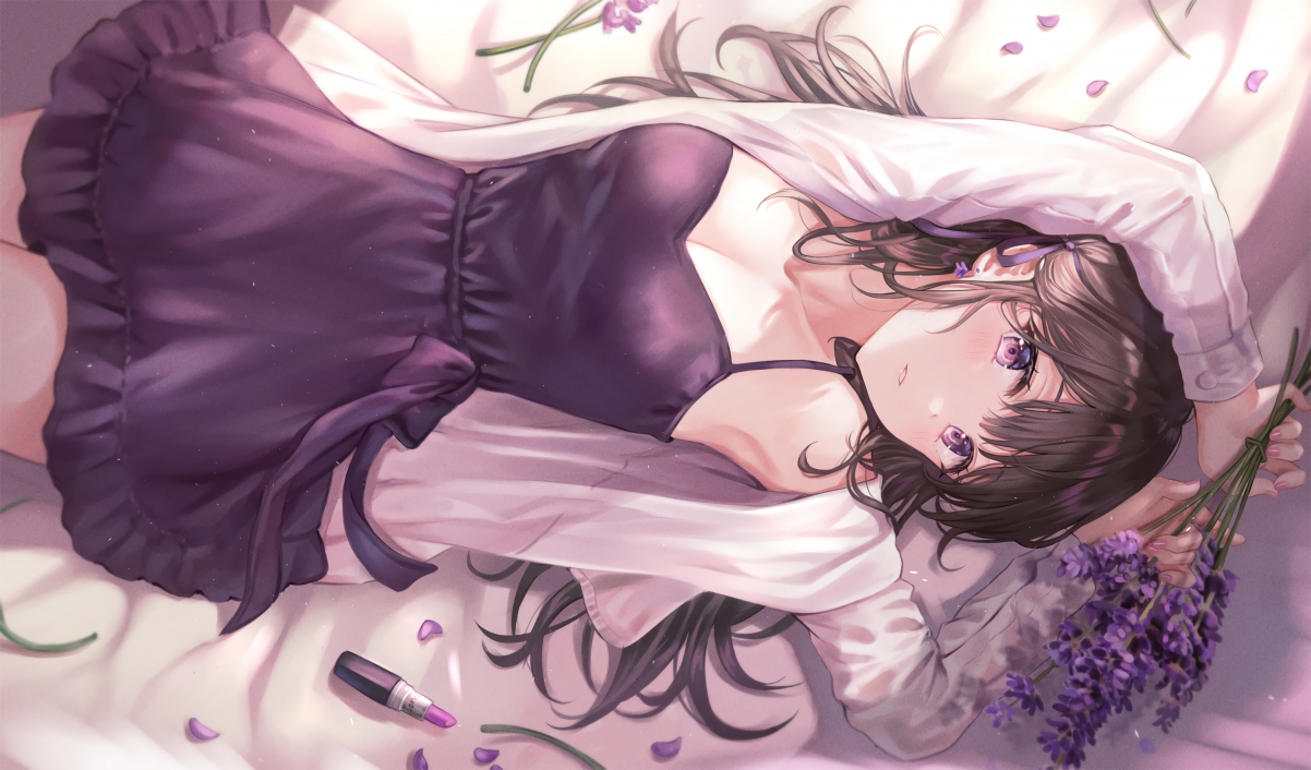 Bed beautiful woman with purple eyes small