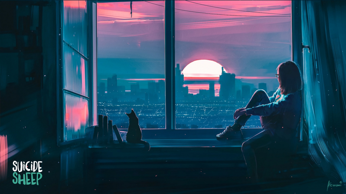 Windowsill sunset girl cat book