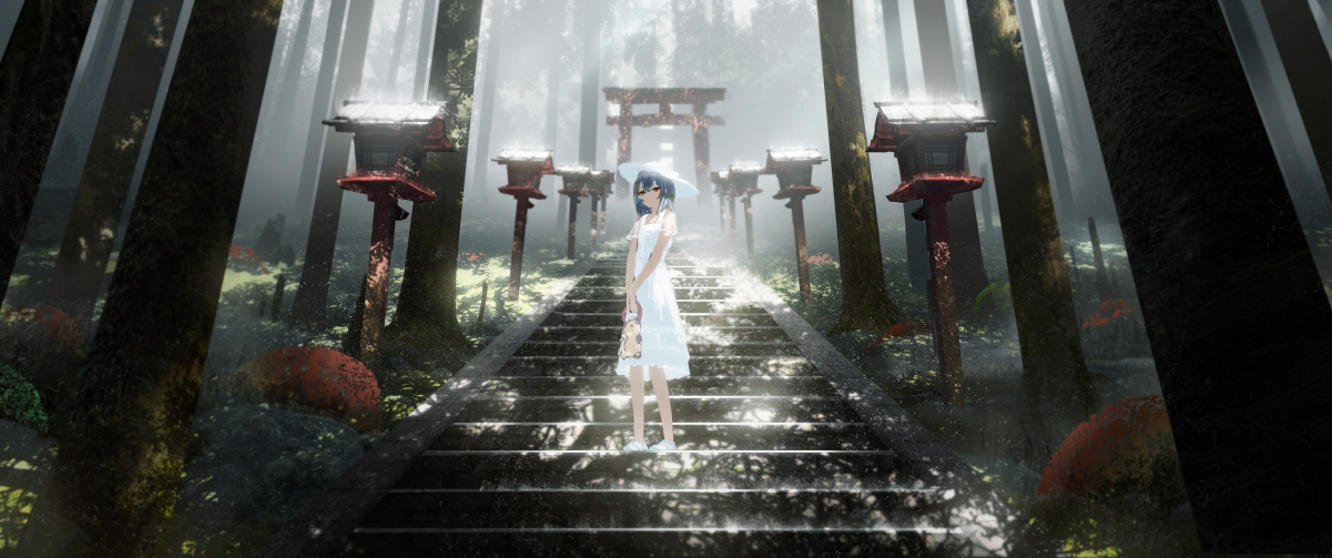 Girl in a white skirt, stairs, summer