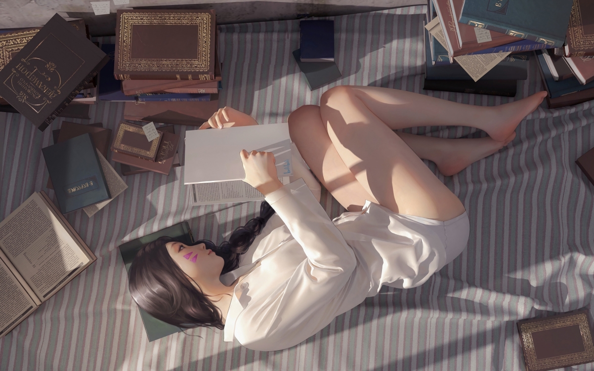 Cute girl bed in white shirt