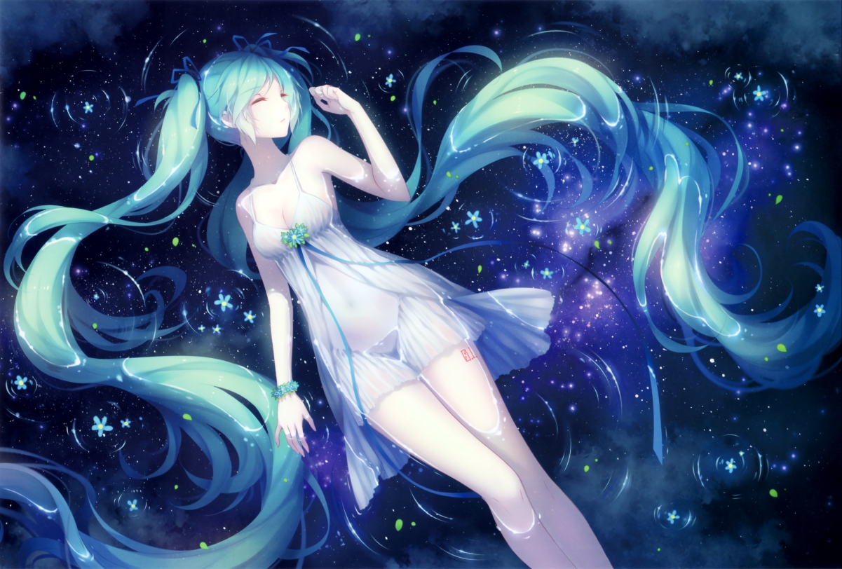 Hatsune Miku, blue water, petals, head