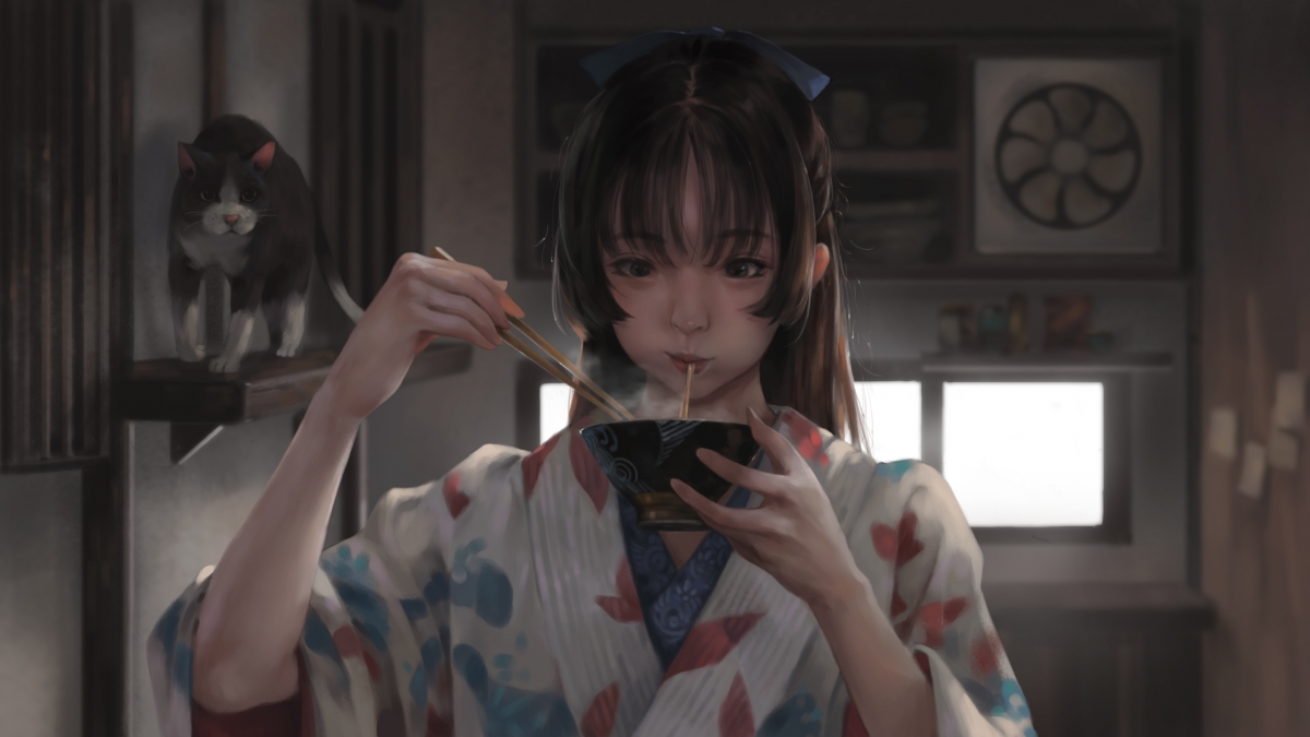 Girl eating noodles 4k anime wallpaper