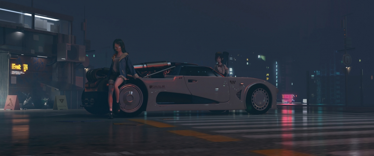 City night view girl sports car 344