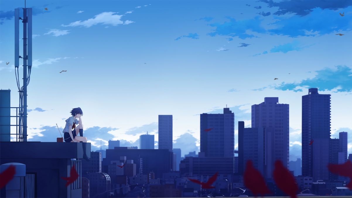 Woman listening to music on the city sky roof