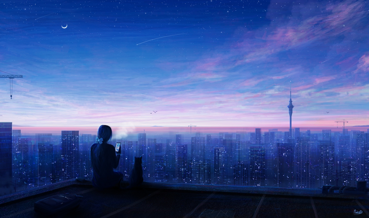 City night girl cell phone cat