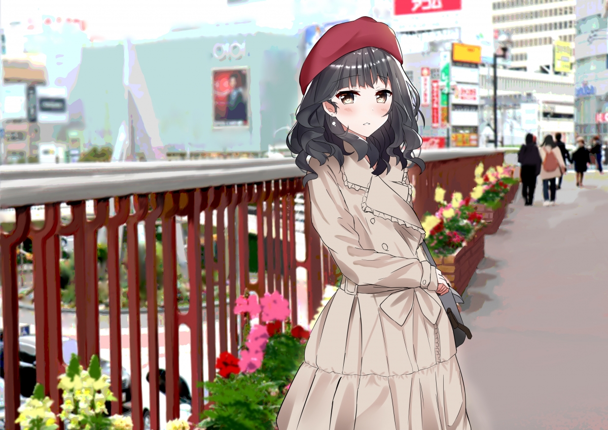 Two girls in hats and skirts in the city