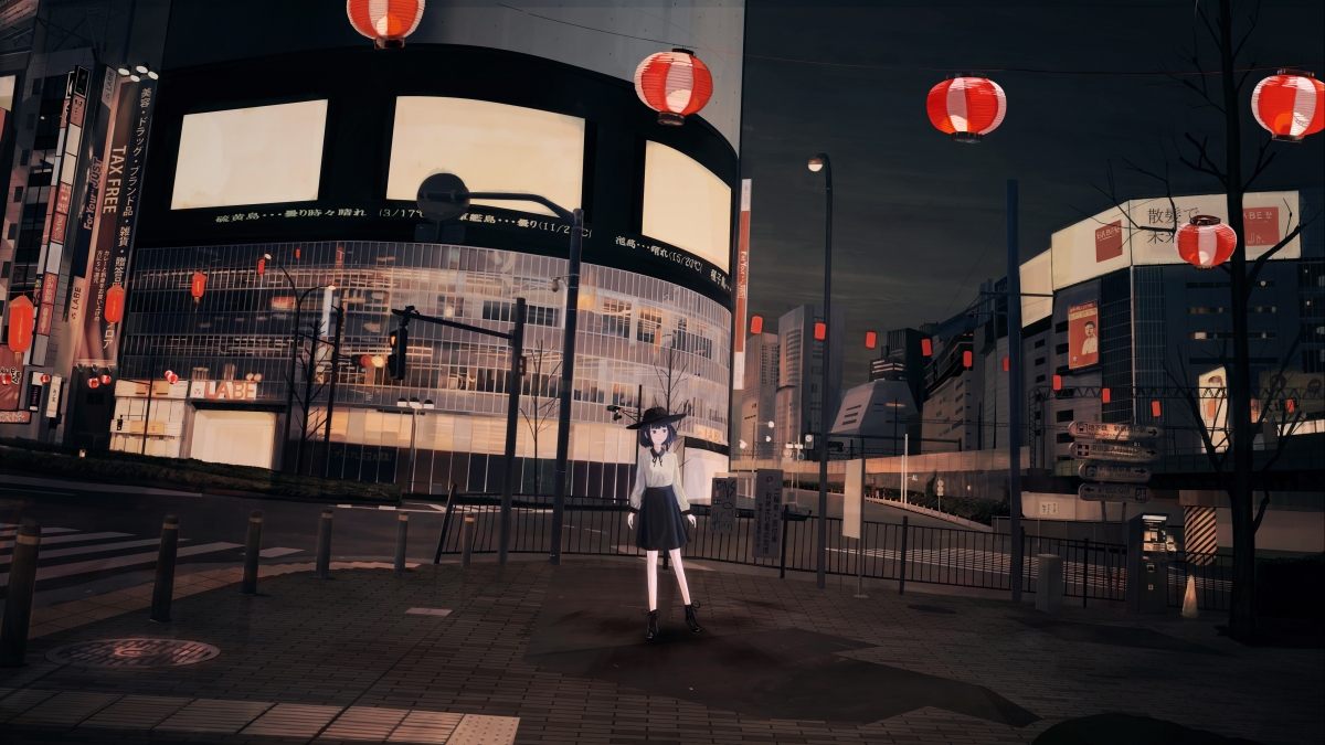 Cute girl in the city with lights in the middle of the night