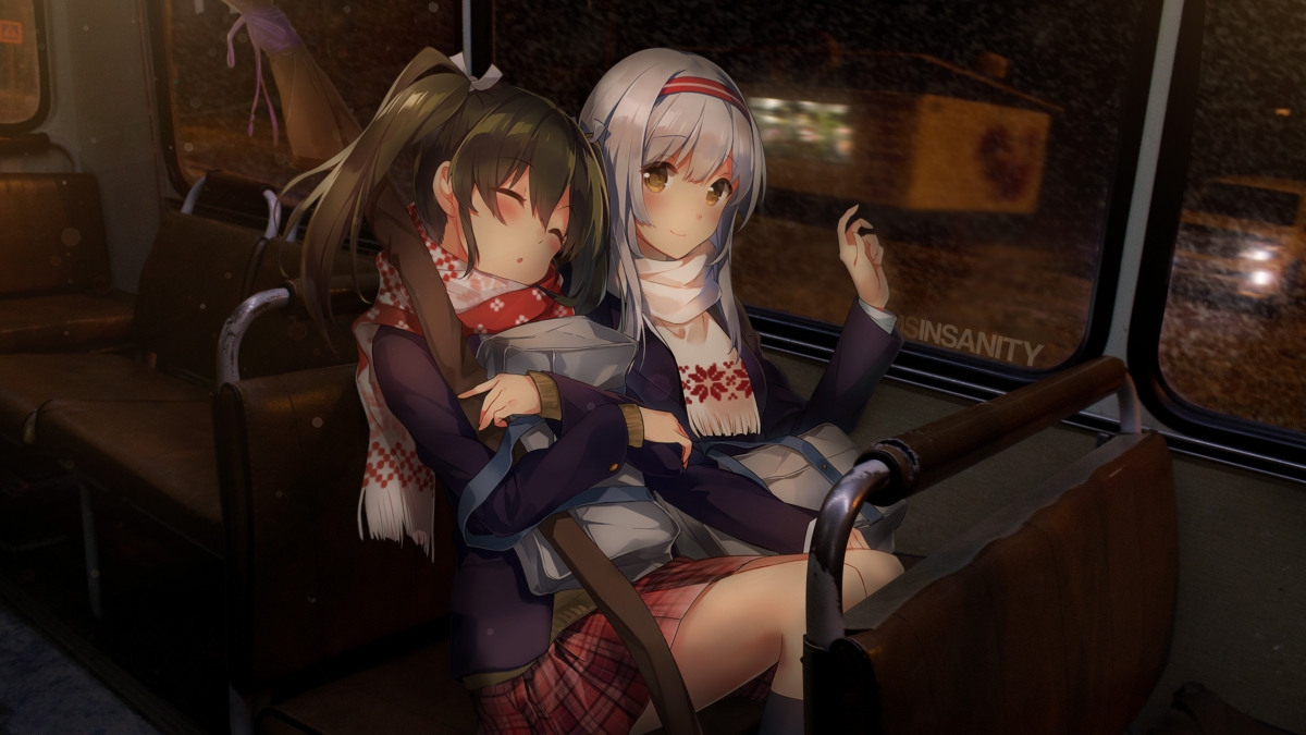 Carriage, table and chair, anime girl sleeping
