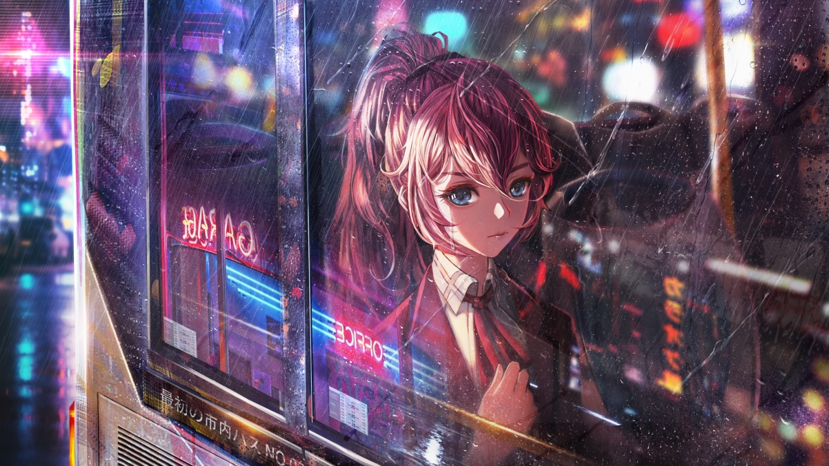 Car window glass rain girl ponytail