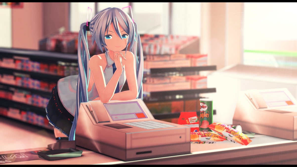 Supermarket Long Hair Anime Girls 4K Wallpaper