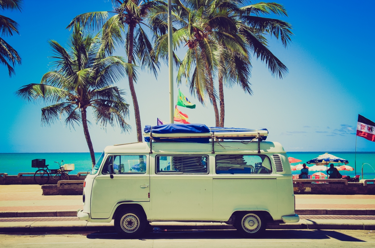 Volkswagen camper with seaside scenery
