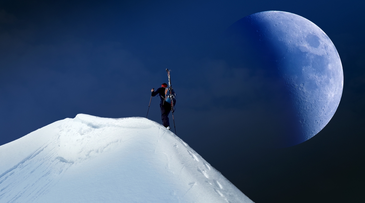 Lunar mountain snow climber sky