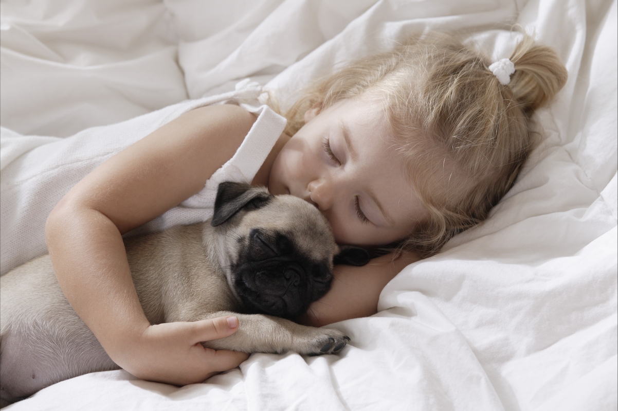 Little girl pet puppy sleeping