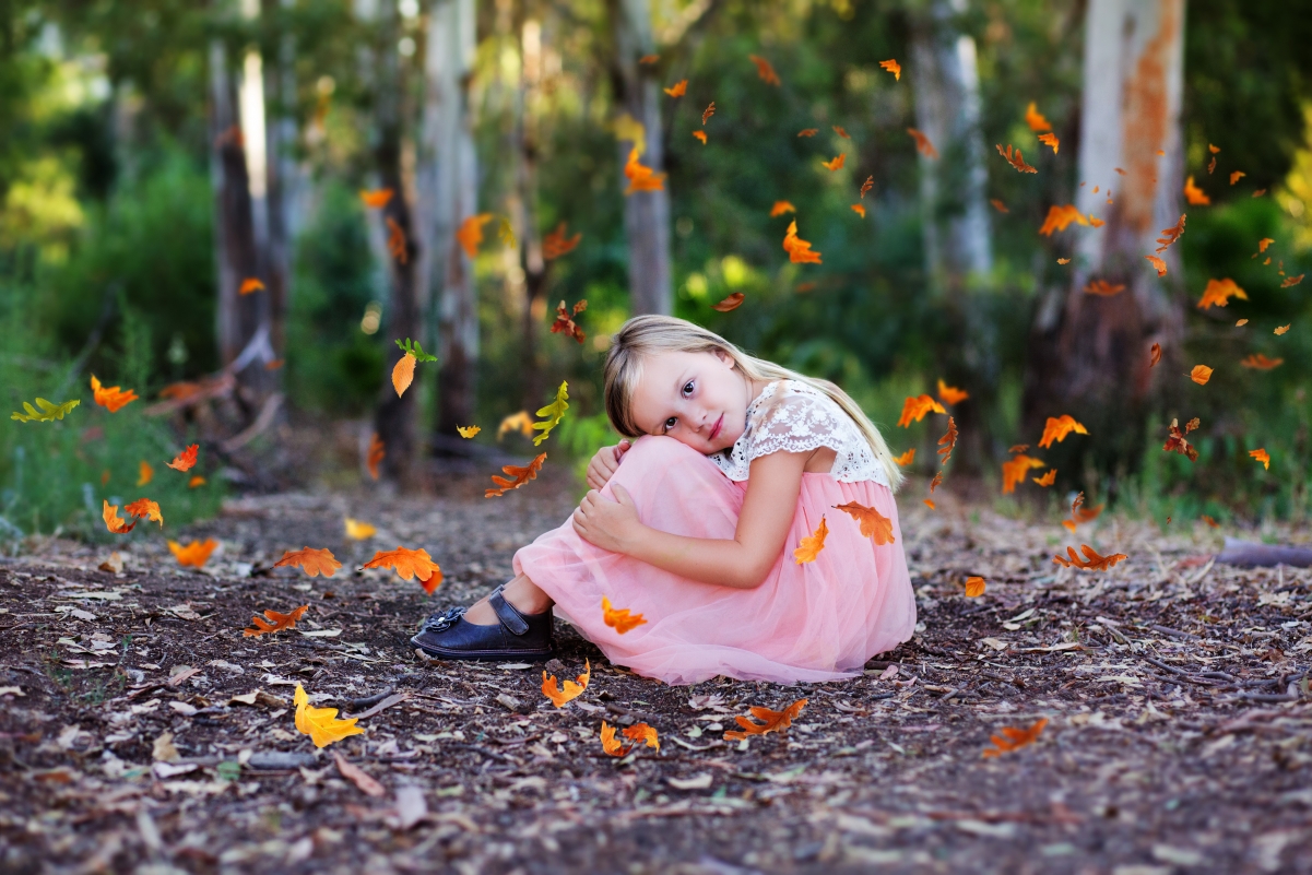Forest landscape little girl leaves 4K illustration