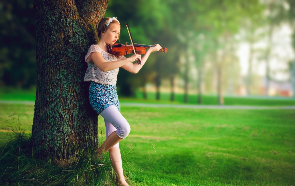 Forest park, girl, violin, tone